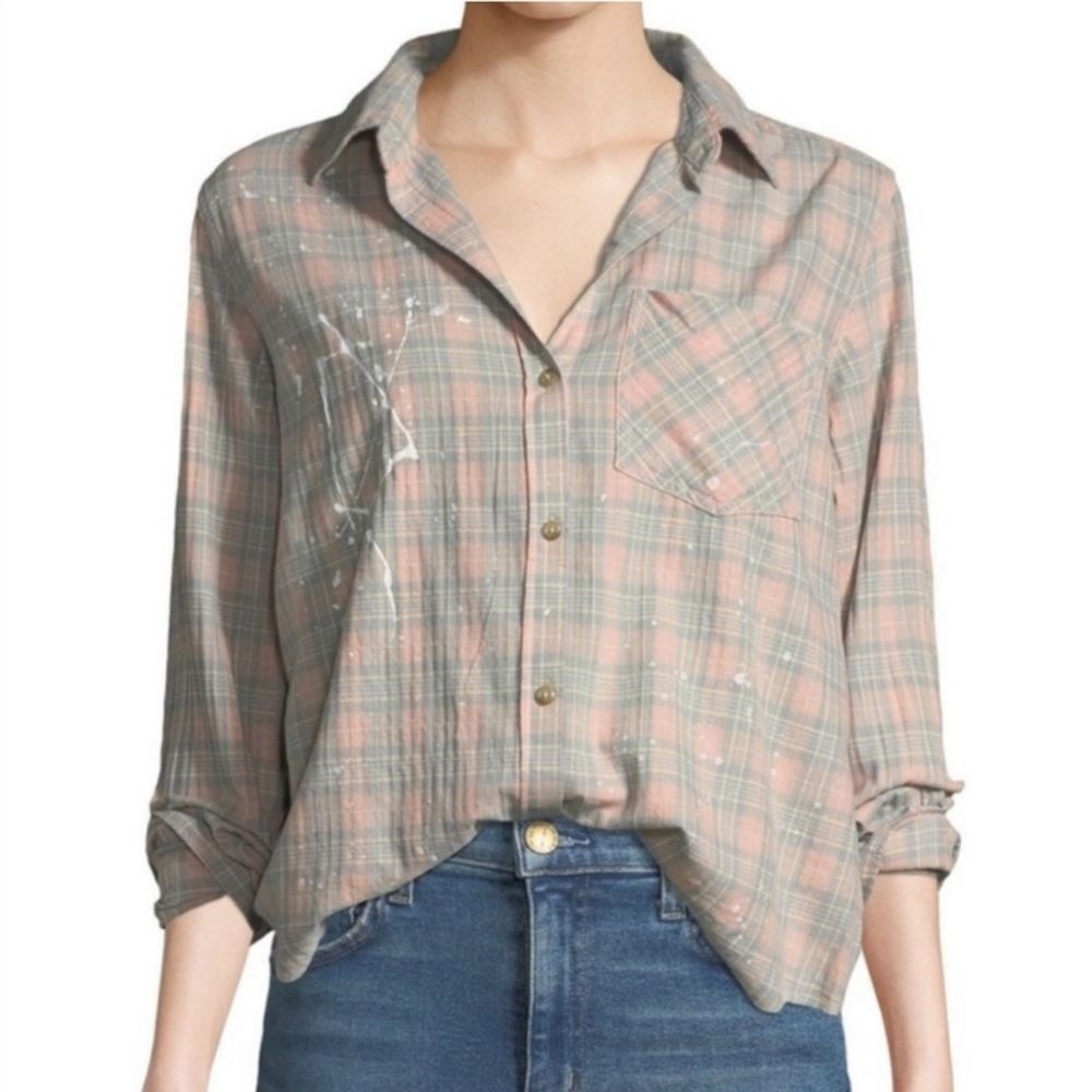 CURRENT ELLIOTT -1815 Ivie Splatter Plaid Button Down Shirt Sunshine Pink Grey S